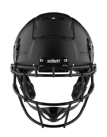 Black Schutt Youth F7 football helmet, front view, with a black facemask and Schutt logo plate, designed for youth player protection and high school football.